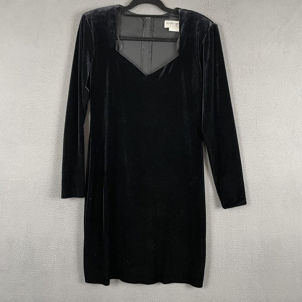 Betsy & Adam Dress Womens 14 Black Velvet Sheath Sweetheart Long Sleeve Party